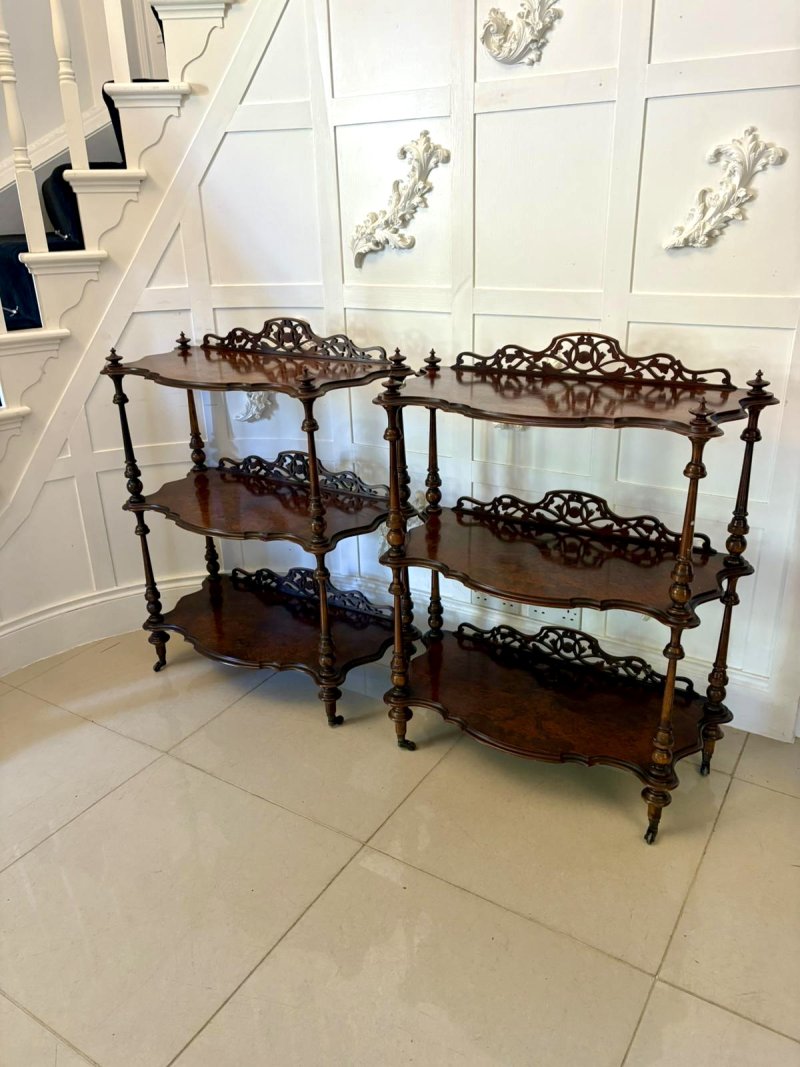 Unusual Pair of Antique Victorian Quality Burr Walnut Whatnots - Image 3